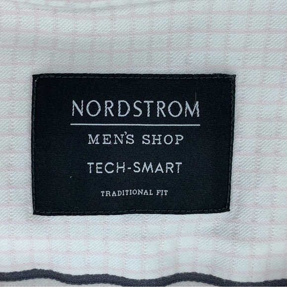 Nordstrom Size 17 XL Pink White Checkered Long Sleeve Dress Shirt Tech Smart - Picture 6 of 9